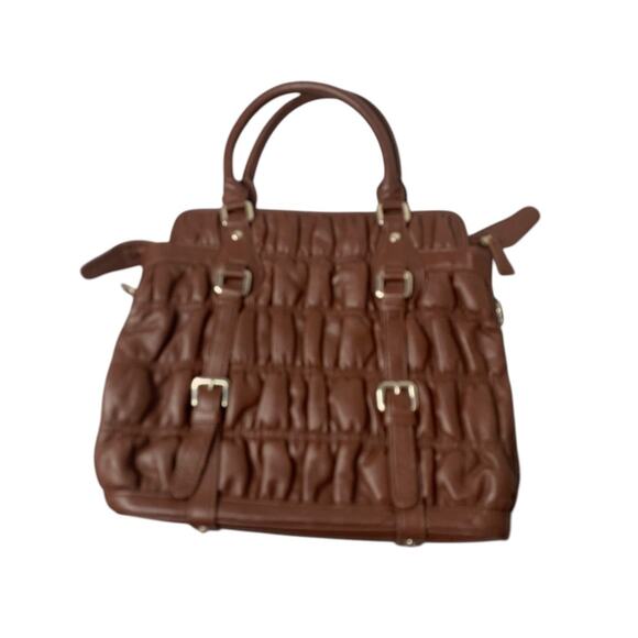 Vintage 1990s Brown Faux Leather Satchel Tote Handbag Silvertone Hardware - Picture 2 of 8